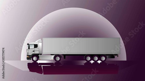 Side view of a modern European truck on the background of the moon at night. Freight transport concept. Vector