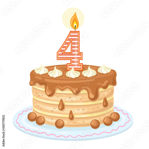 Big beautiful chocolate cake with a birthday candle for 4 years anniversary. In cartoon style. Isolated on white background. Vector flat illustration.