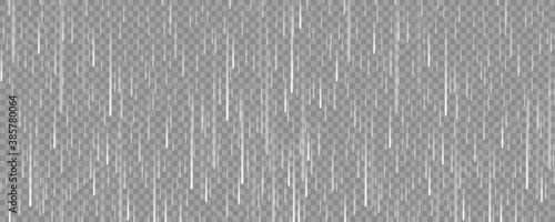 Realistic rain texture on transparent background. Rainfall, water drops effect. Autumn wet rainy day. Vector illustration.
