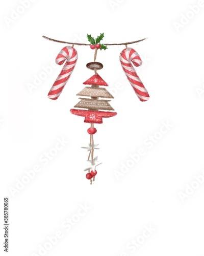 Christmas decoration.New Year wooden decoration.Caramel stick and wooden Christmas tree.