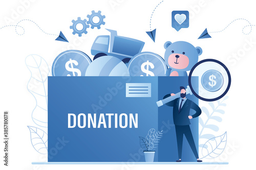 Charity donation concept banner.  Male volunteer with magnifying glass looking for and collecting donations. Toys and money in box.