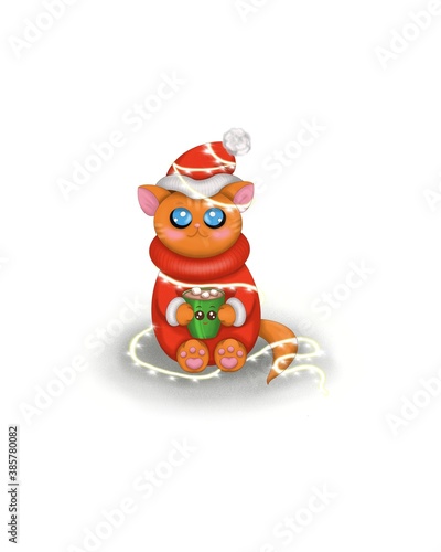 Cartoon orange cat character with cup of hot chocolate.Cat and Christmas garland.Cat in red Christmas costume.Cat in red Christmas hat.New year cat.