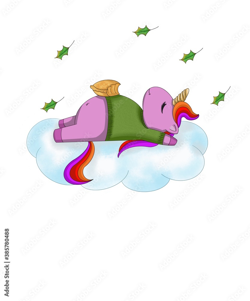Cartoon unicorn character sleeping on a cloud.Unicorn and pie. Stock ...