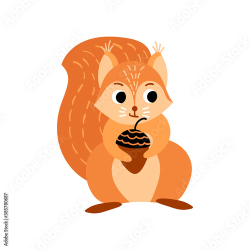 Cute cartoon squirrel with acorn. Funny woodland animal isolated on white background. Vector illustration.