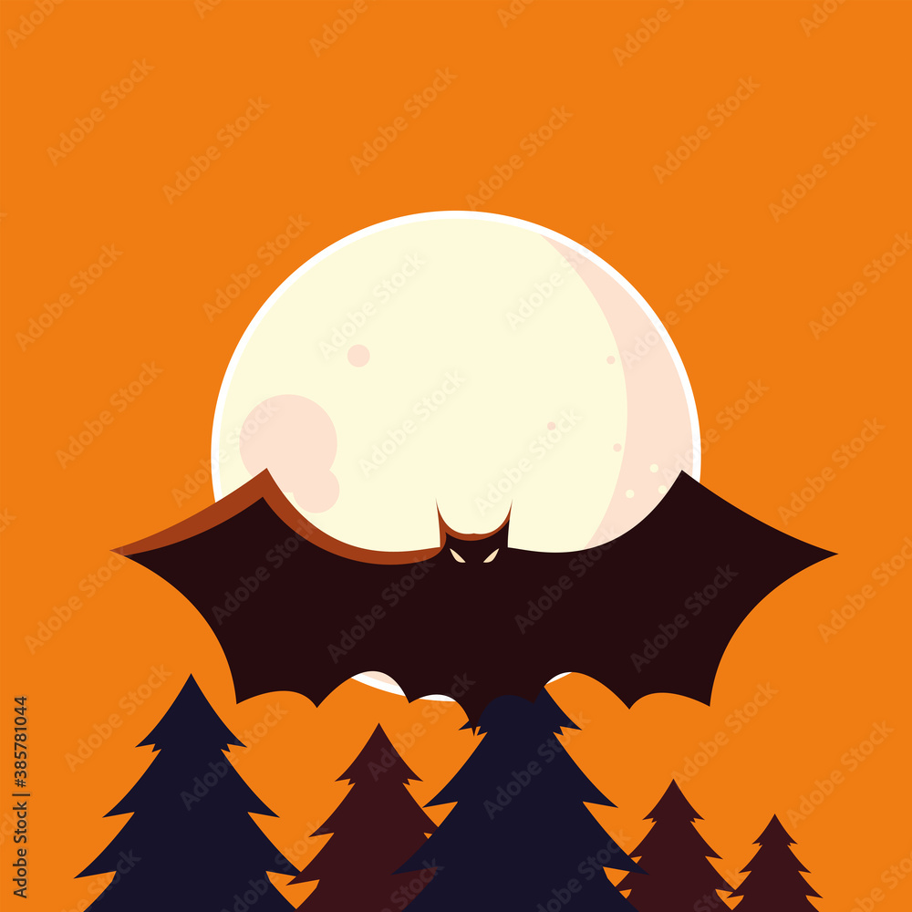 Halloween bat cartoon in front of moon vector design