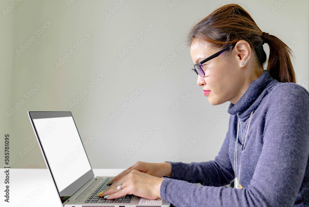 Side view of a smiling successful businesswoman seated at her desk working at her laptop with a blank white screen Side view of a smiling successful businesswoman seated at her desk working at her laptop with a blank white screen