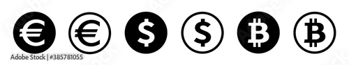 Money Euro, Dollar and cryptocurrency coin icons pack. Internet flat icon symbol for applications.