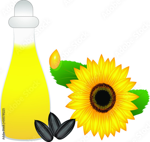 Bottle of sunflower oil and flower seeds.