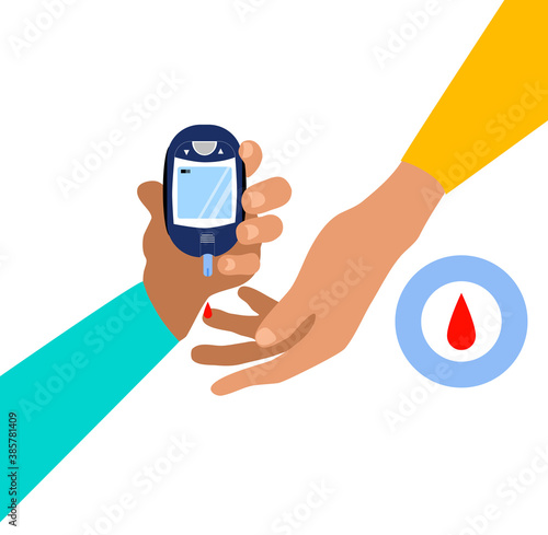 World diabetes day.Hand is holding electrochemical or Photometric glucometer.Finger is pricked,ready for a glucose or Blood Sugar Test.Determination of glycated hemoglobin.Endocrine pancreas disorder