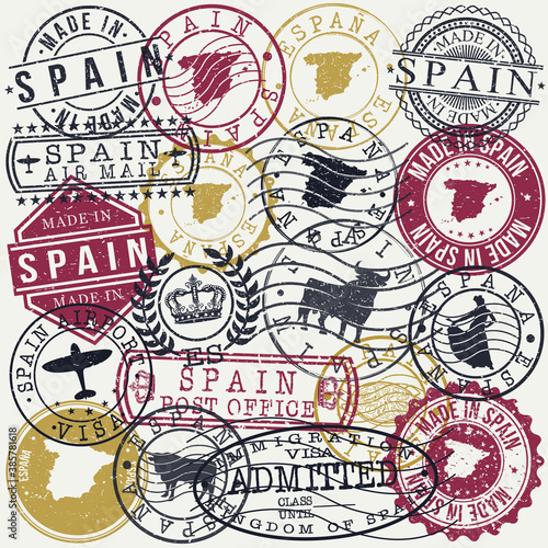 Spain Set of Stamps. Travel Passport Stamp. Made In Product. Design Seals Old Style Insignia. Icon Clip Art Vector.