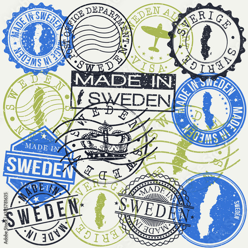 Sweden Set of Stamps. Travel Passport Stamp. Made In Product. Design Seals Old Style Insignia. Icon Clip Art Vector.
