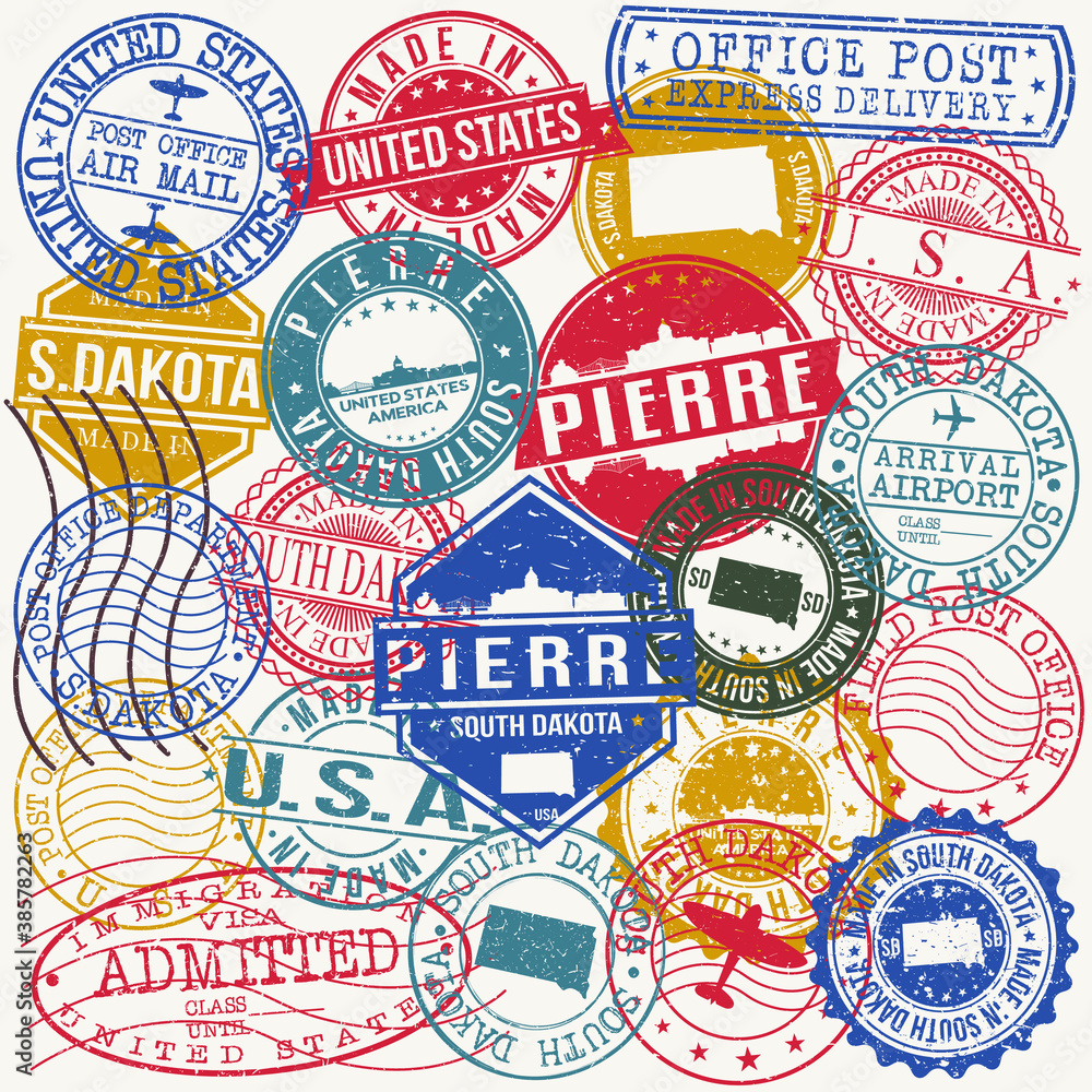 Pierre South Dakota Set of Stamps. Travel Stamp. Made In Product. Design Seals Old Style Insignia.