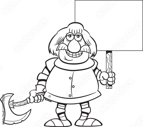 Black and white illustration of a smiling knight holding a sign and a battle axe.