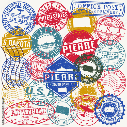 Pierre South Dakota Set of Stamps. Travel Stamp. Made In Product. Design Seals Old Style Insignia.