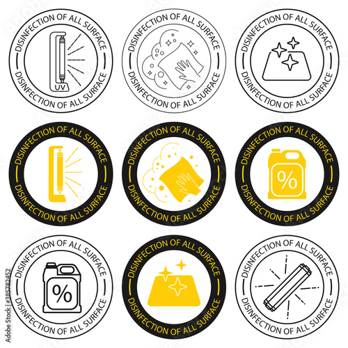 Disinfection of all surfaces. Sanitation at home. Housekeeping service. The concept of disinfection. Antibacterial icons. Sterile surface. Vector illustration