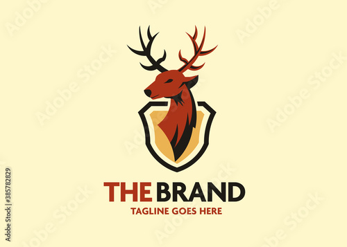 Deer and shield logo design template. deer head logo icon, deer shield icon design illustration, impala icon