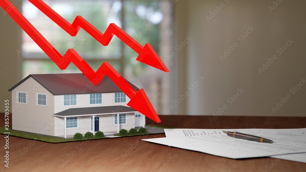 Real estate market crash, panic, falling prices. Fancy suburban house
