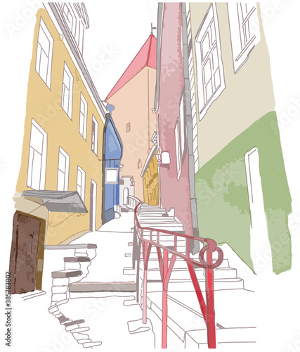 Colourful sketch of narrow street in cartoon style. Old town concept. Vector illustration