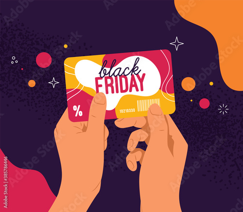 Hands holding a loyalty club customer card, top view. Black Friday, the day of sales and discounts. Abstract vector illustration, banner in bright colors.