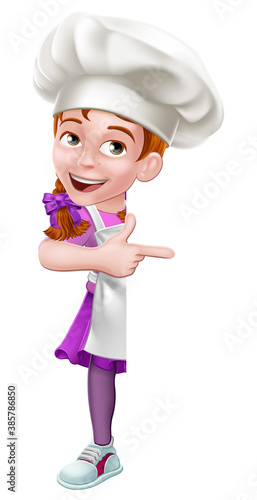 A kid cartoon girl chef, cook or baker child peeking around a sign and pointing at it
