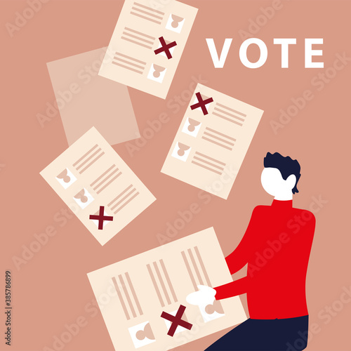 election day, man holding ballot and papers voting