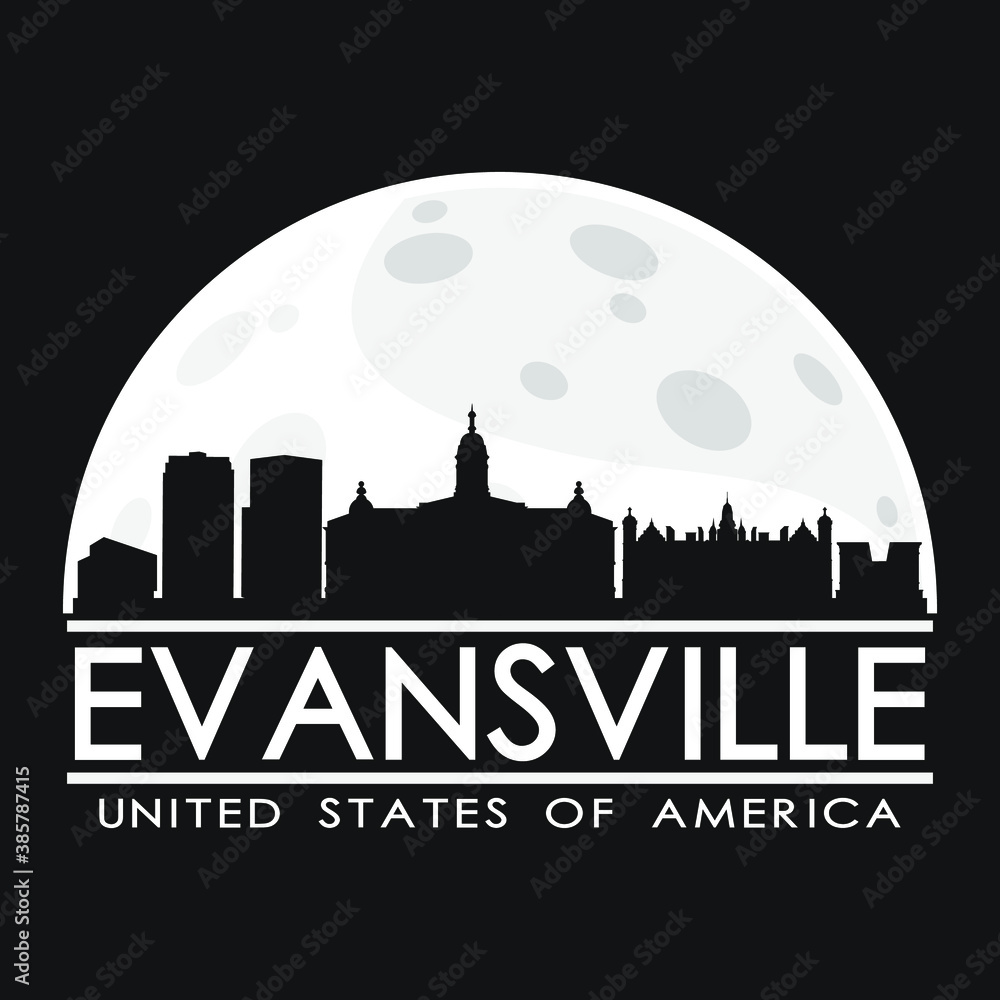Evansville Full Moon Night Skyline Silhouette Design City Vector Art.