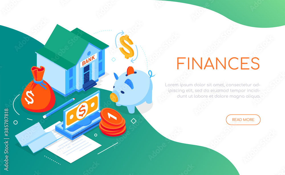 Finances and banking - modern isometric web banner