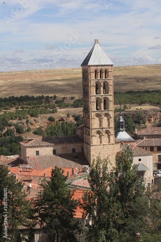 Torre del campanario de la Iglesia de San Vicenten en Segovia, ciudad medieval española photo