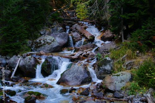 mountain landscape, forest, river, autumn, lake, stones, rocks