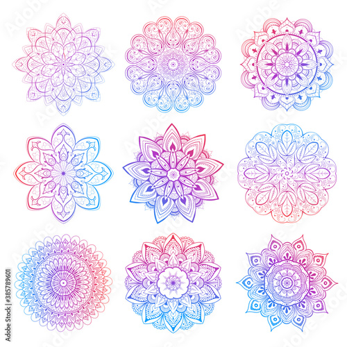 A set of beautiful mandalas and lace circles. Round gradient mandala vector. Traditional oriental ornament with a concentric gradient. Element for applying to objects for yoga, meditation, spiritual