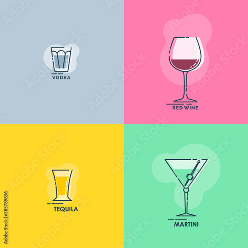 Shot vodka, tequila and wineglass red wine, martini line art in flat style. Restaurant alcoholic illustration for celebration design. Beverage outline icon. Isolated contour object on color backdrop