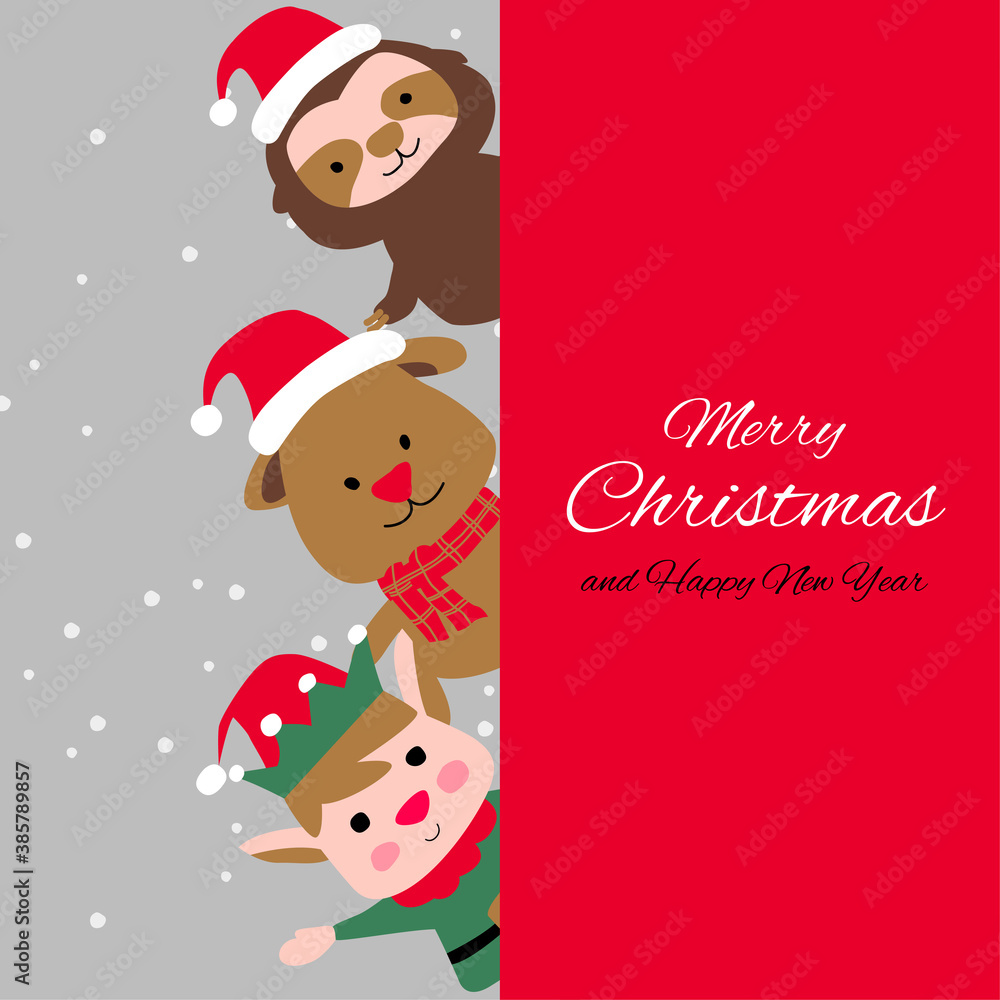 elf puppy sloth are happy emotion with Christmas invitation card design elf puppy sloth are happy emotion with Christmas invitation card design