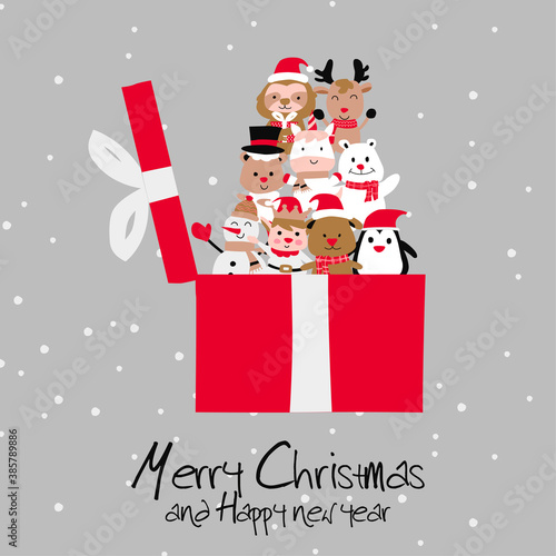 unbox the Christmas present that contains animals and sign of Xmas with Christmas invitation card design