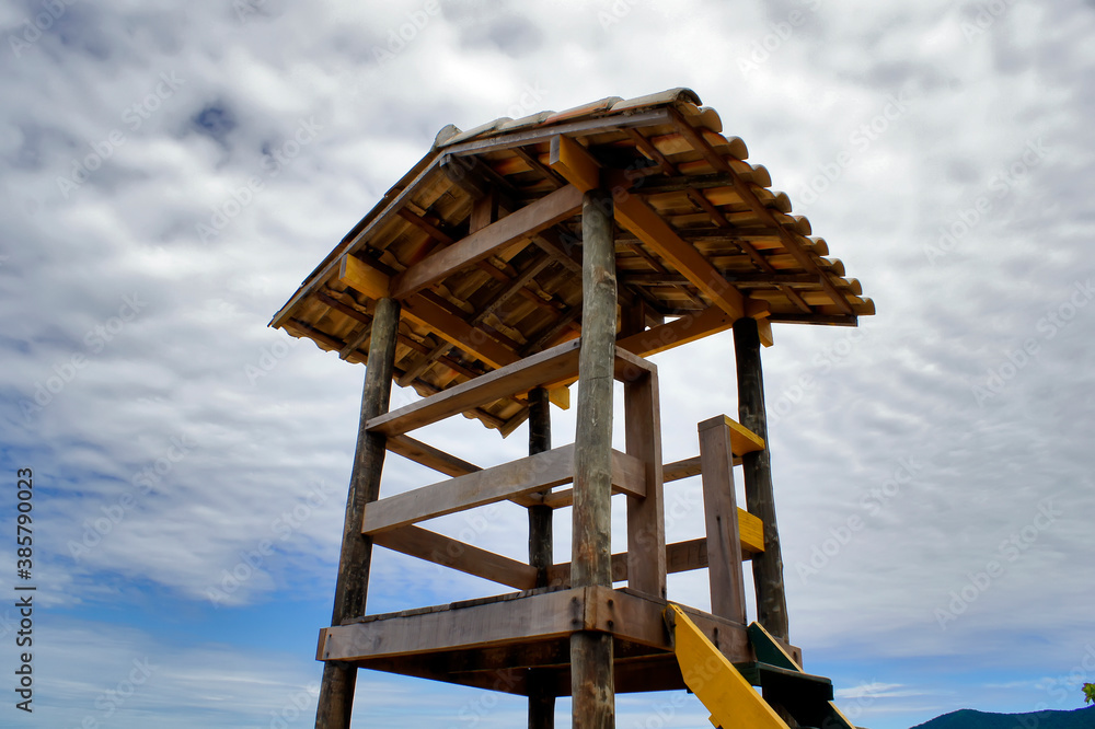 Small wooden life guard hut on a beach in Brazil.    