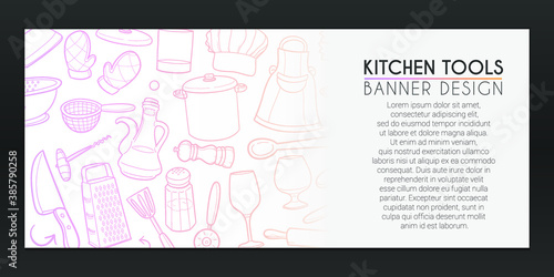 Kitchen Tools Banner Doodles. Kitchenware Background Hand drawn. Chef illustration. Vector Horizontal Design.