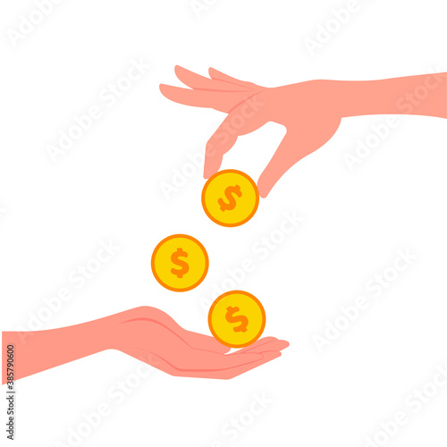 The hand gives coins to the other hand. Concept: credit, loan, advance payment, delivery, bribe, payment, pay. Vector illustration, flat cartoon color design, isolated on white background, eps 10.