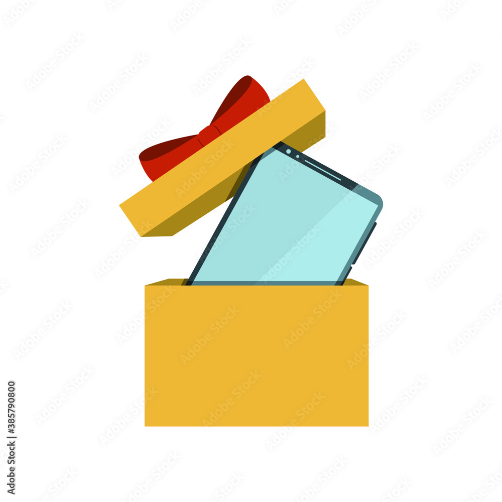 Phone in a gift box. Concept: prize, technology novelty, discount. Vector illustration, flat cartoon color design, isolated on white background, eps 10. Phone in a gift box. Concept: prize, technology novelty, discount. Vector illustration, flat cartoon color design, isolated on white background, eps 10.