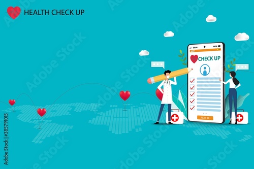 Concept of medical health check up, two doctors are working on a big screen of smartphone that the display contain health checklist to discuss and plan to treat the patients in green color background.