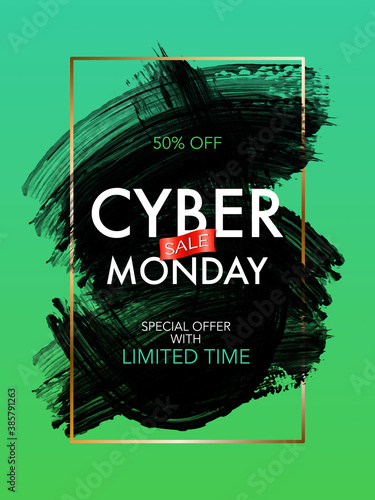 Cyber Monday big sale green banner. Special offer with limited time