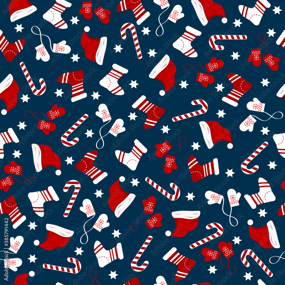 Pattern on a blu background -mittens, socks, santa hat. Christmas and New Year. Vector illustration. For packaging, decoration, fabric and scrapbooking. Pattern on a blu background -mittens, socks, santa hat. Christmas and New Year. Vector illustration. For packaging, decoration, fabric and scrapbooking.