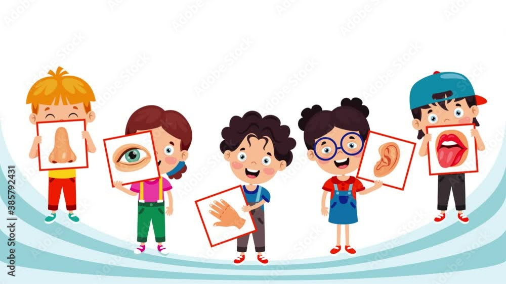 Children Showing Five Senses On Educative Cards Children Showing Five Senses On Educative Cards