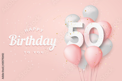 Happy 50th birthday balloons greeting card background. 50 years anniversary. 50th celebrating with confetti. Vector stock