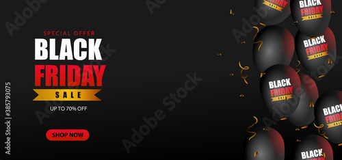 Black friday special offer with balloons and confetti decoration background design vector