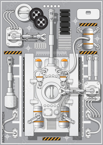Maintenance of a battle tank. Industrial robots. View from above. Vector illustration.