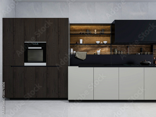 Open kitchen, there are stove, kitchenware, bar and other facilities