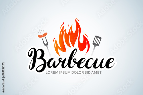 barbecue calligraphy brush logo with bbq logotype and fire concept in combination with spatula. Barbecue party logo, party invitation template. Vector illustration.