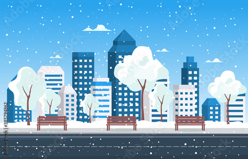 Winter Snow Tree Snowfall City Building Landscape Illustration