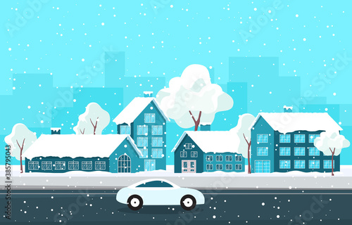 Winter Snow Tree Snowfall City House Landscape Illustration