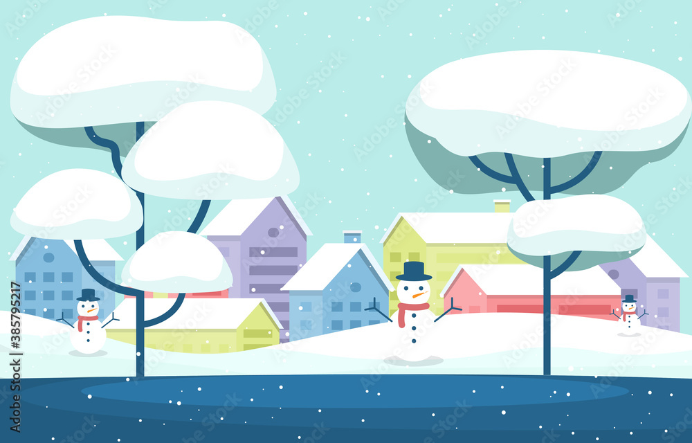 Winter Snow Tree Snowfall City House Landscape Illustration