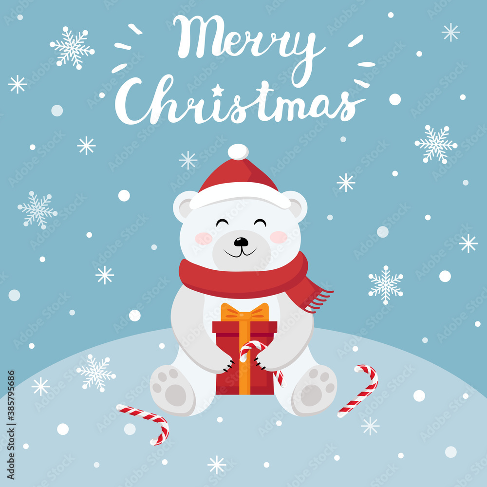 Cute polar bear. Merry Christmas card. Vector illustration